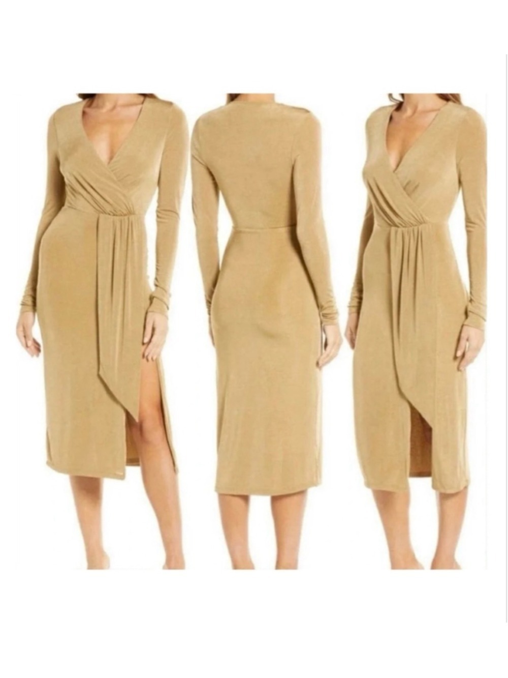Women's GOOD AMERICAN Long Sleeve Wrap Dress in Gold, Size M